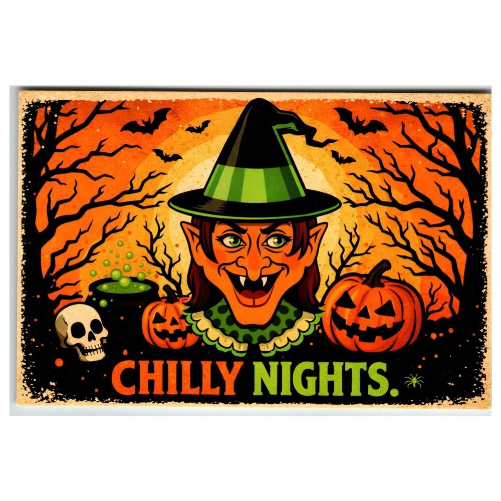 Retro Halloween Witch Jack O' Lantern Postcard "Chilly Nights" Spooky Art
